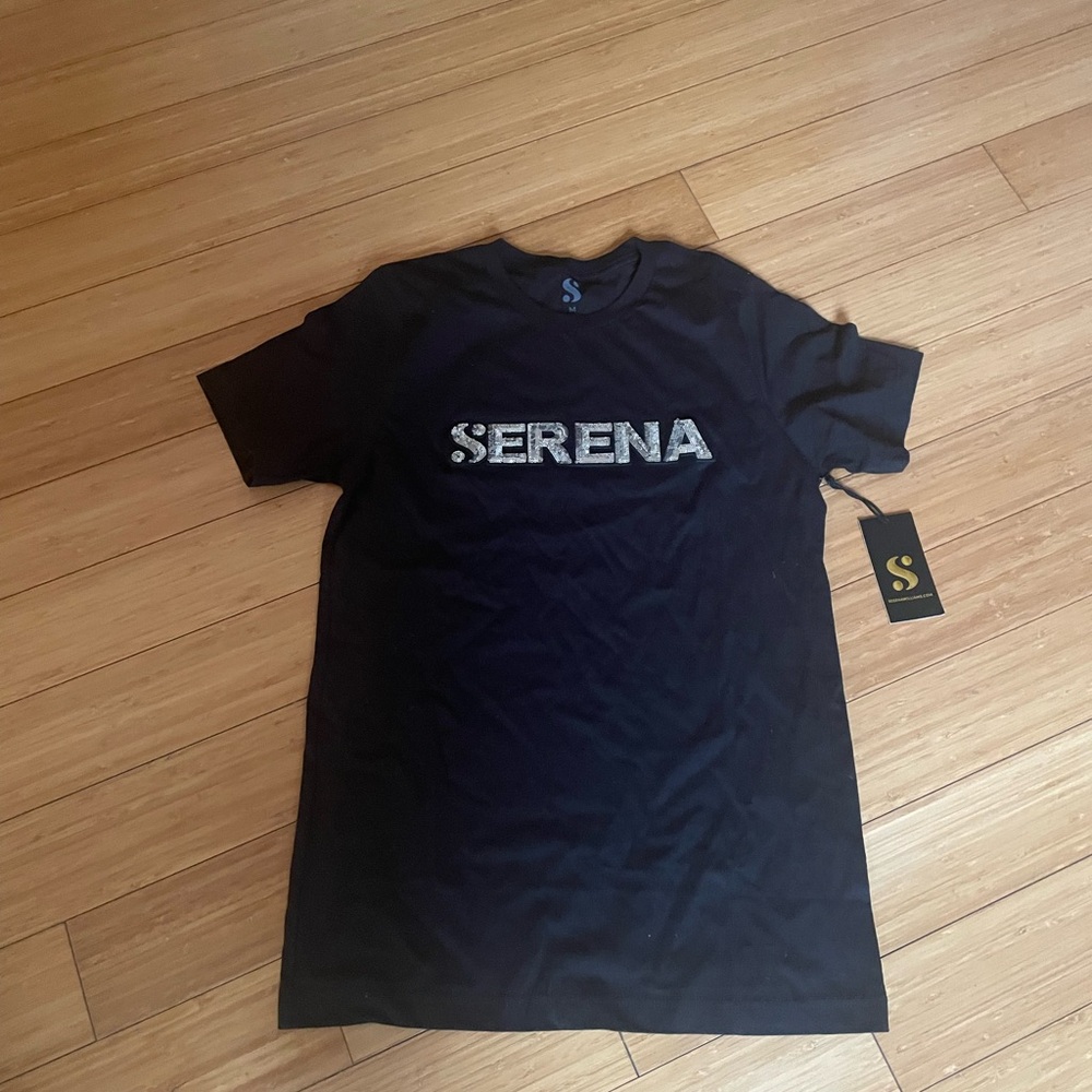 Black T-Shirt with silver Serena lettering.  Serena Williams branded NWT